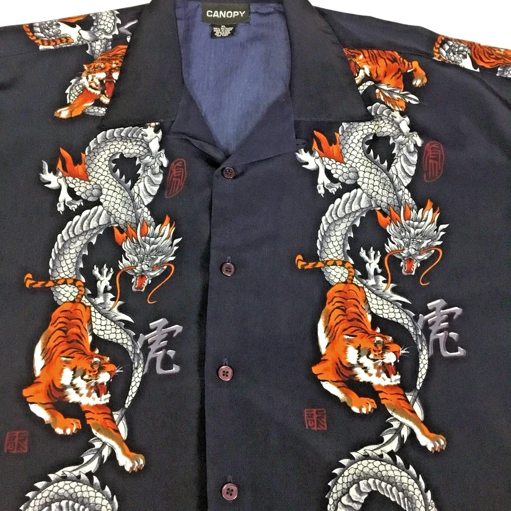 Canopy Mens XL Navy Blue Dragon Tiger Graphic Button Up Short Sleeve Camp Shirt‎